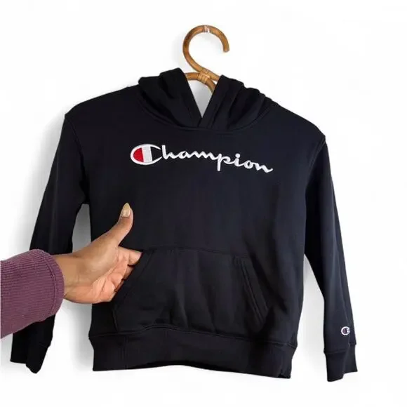 Champion Black Unisex Pullover Embroidered Logo Kids Hoodie size 6 - Picture 4 of 7